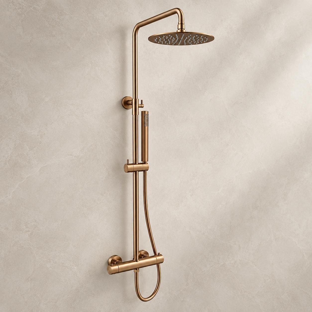 Geborsteld bronzen doucheset met ronde regendouche en handdouche