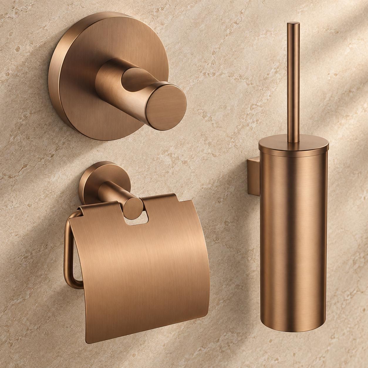 Geborsteld bronzen toiletset: haak, rolhouder en borstelhouder