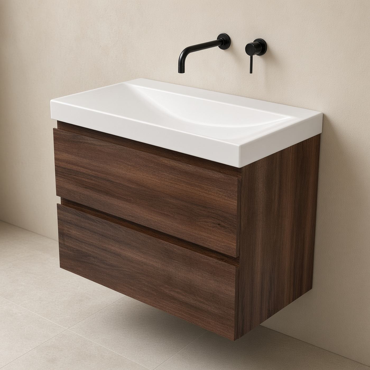 Madern Select donker houten wastafelmeubel met zwarte wandkraan
