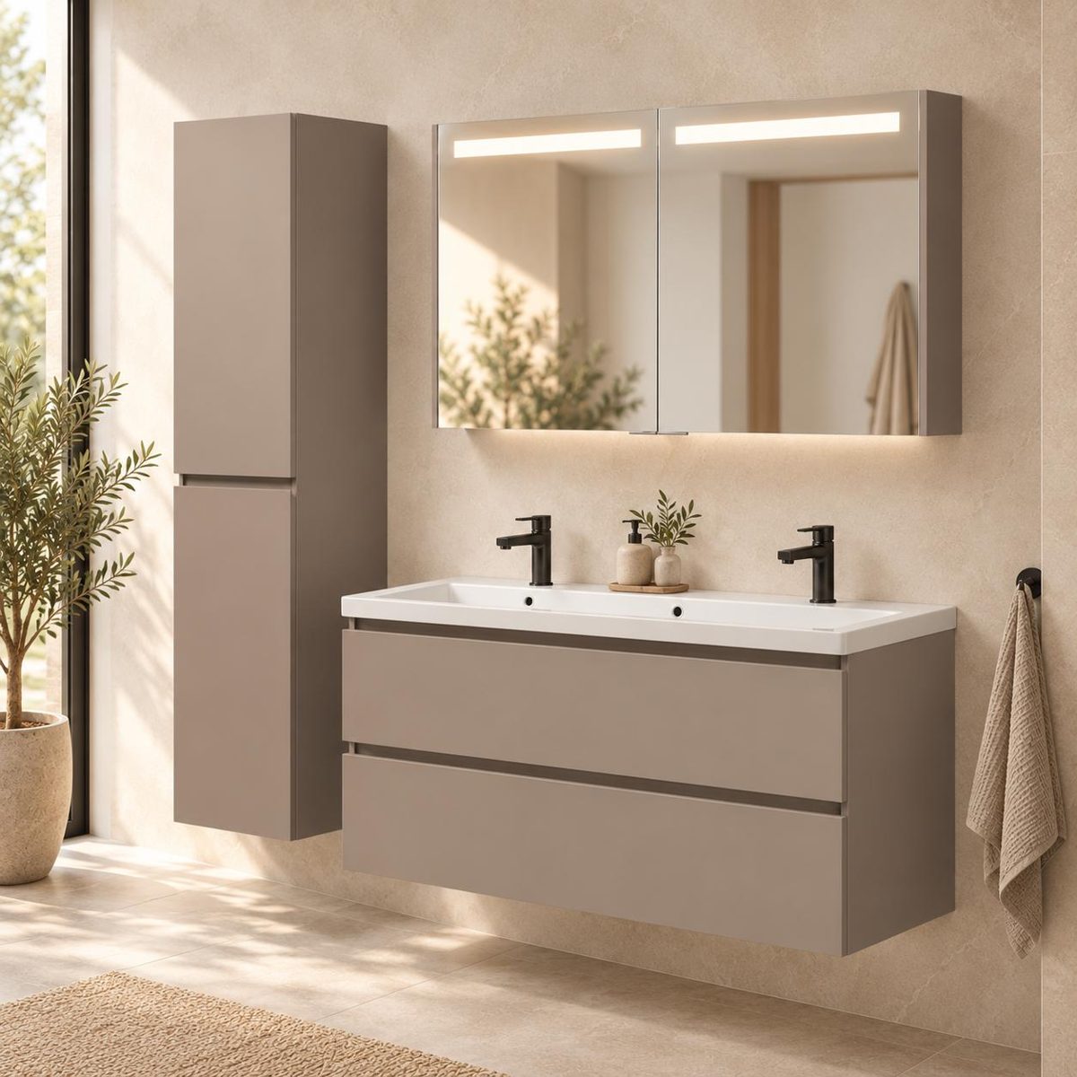 Madern Select taupe dubbel wastafelmeubel met kolomkast en spiegelkast